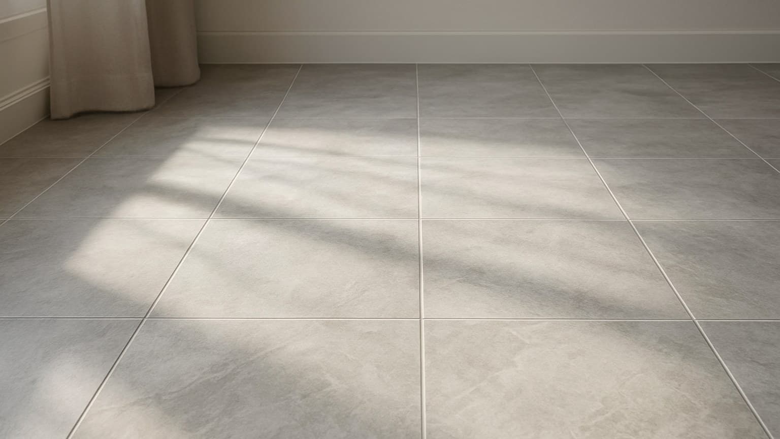 Interior floor with light gray tiles separated by grout lines in a grid pattern.