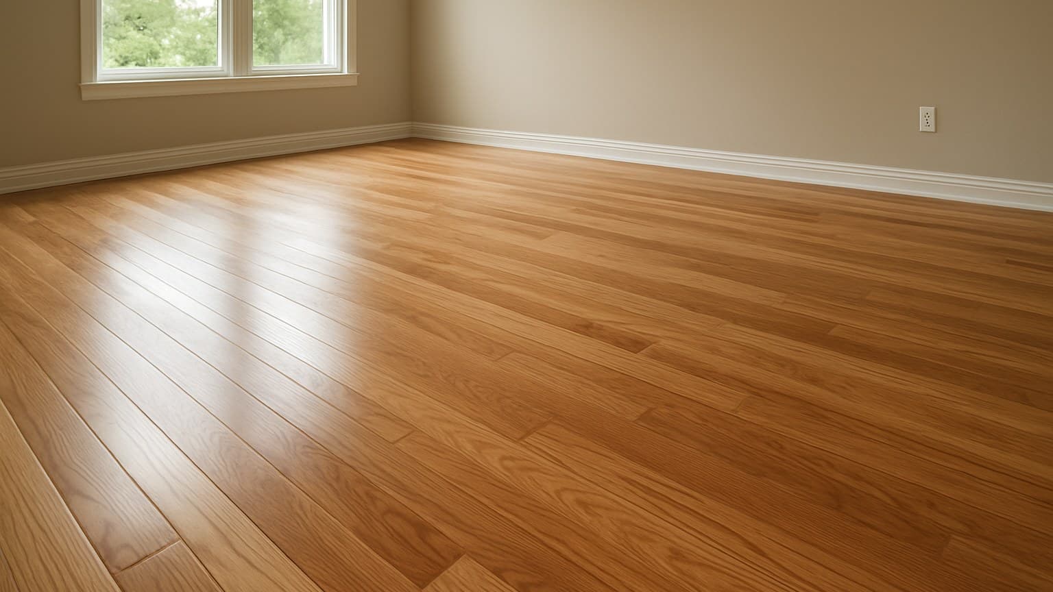 A bright room with glossy hardwood plank flooring, windows showing natural light reflection on the finished surface.