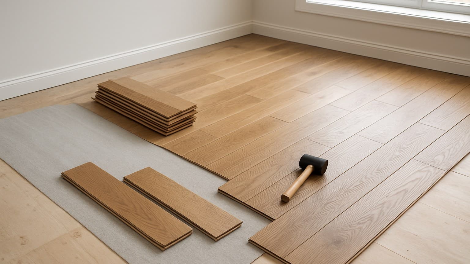 A room with partially installed hardwood flooring, stacked planks, an installation mallet, and protective underlayment.