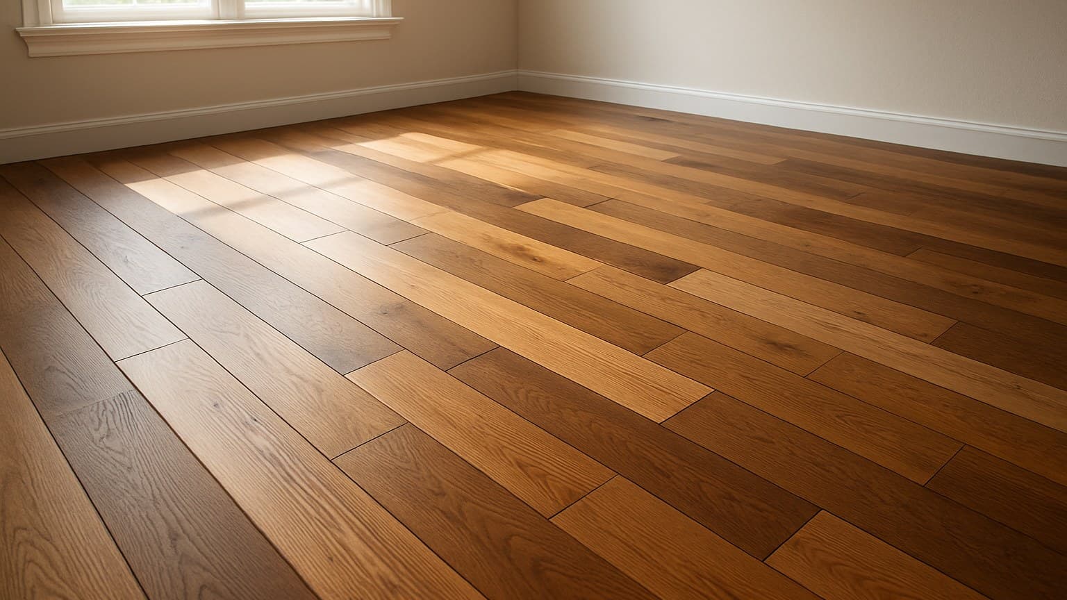 Interior room with wooden flooring displaying planks of different widths in natural tones
