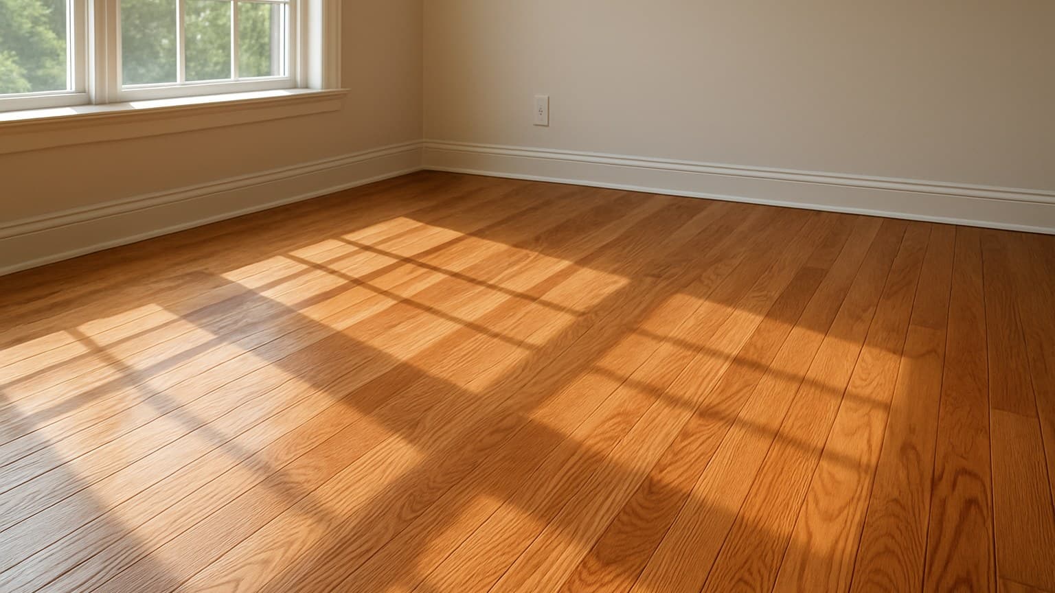A room with warm-toned hardwood flooring and natural light from windows creating shadows on the floor.