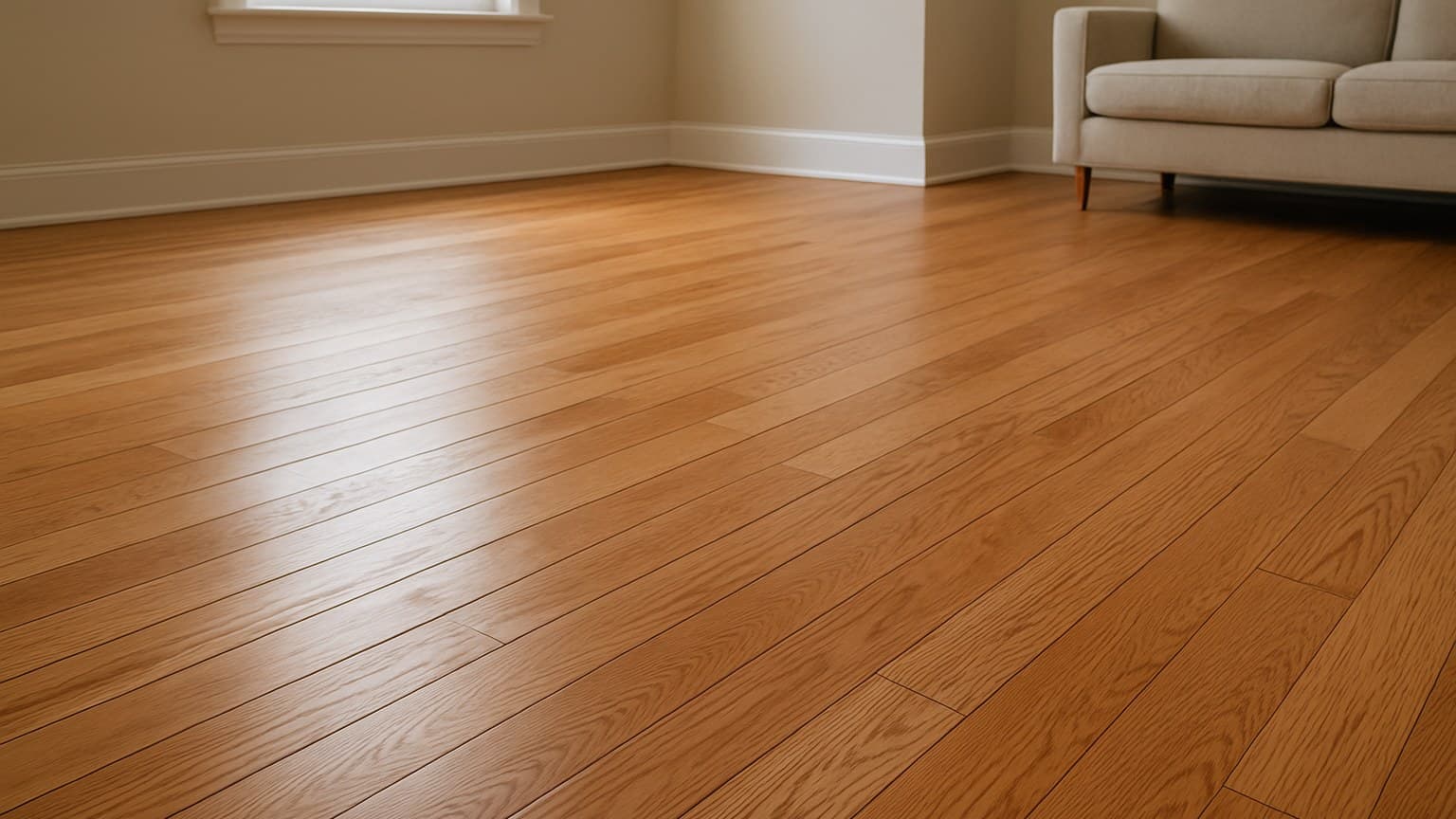 A room interior with a wooden plank floor in warm medium-brown tones, glossy finish, visible grain patterns, along with a beige sofa and window.