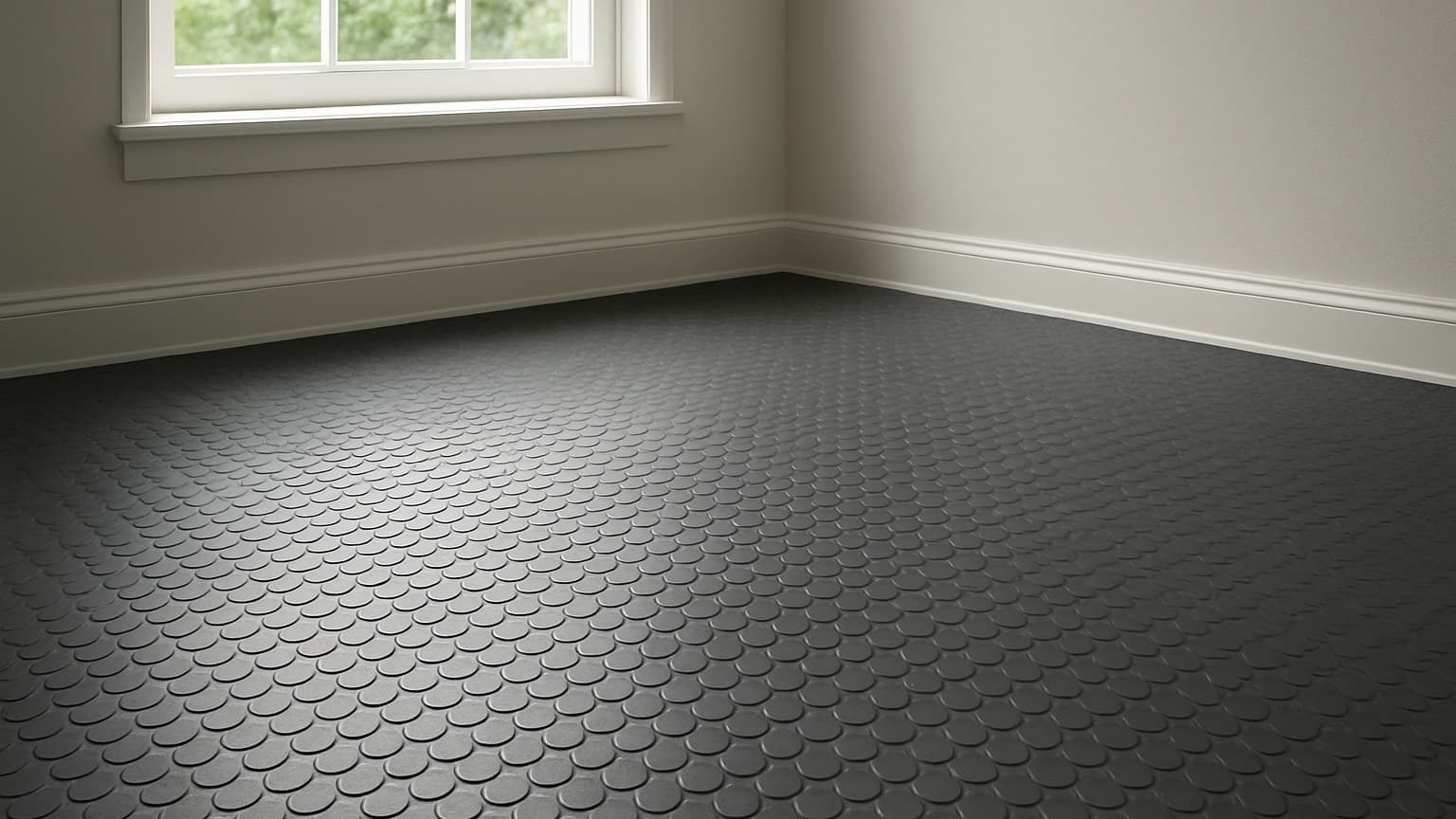 A room with white walls and dark gray flooring featuring a repeating raised circular pattern across its entire surface.
