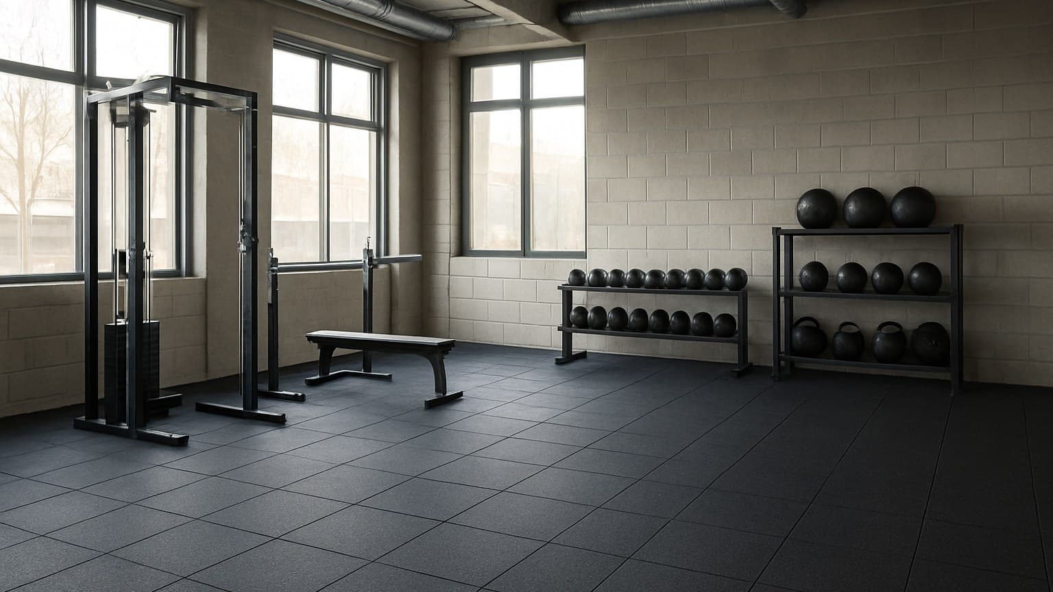 A gym interior with dark interlocking floor tiles, weight rack, dumbbells, cable machine, and bench seating.