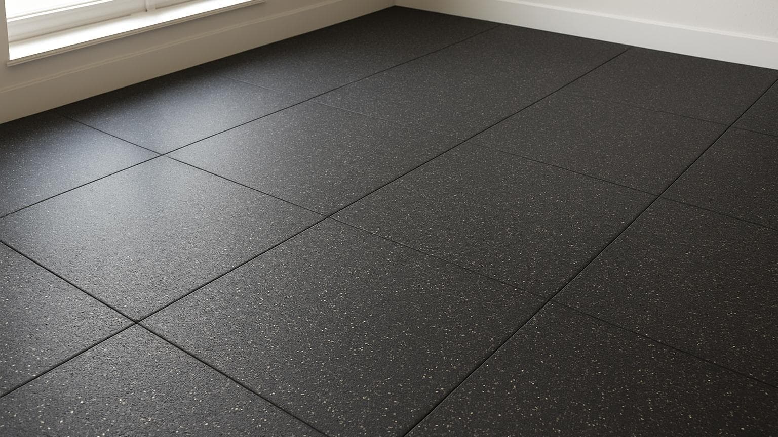 Dark floor tiles with aggregate speckle pattern arranged in grid formation with visible grout lines in a room with white trim
