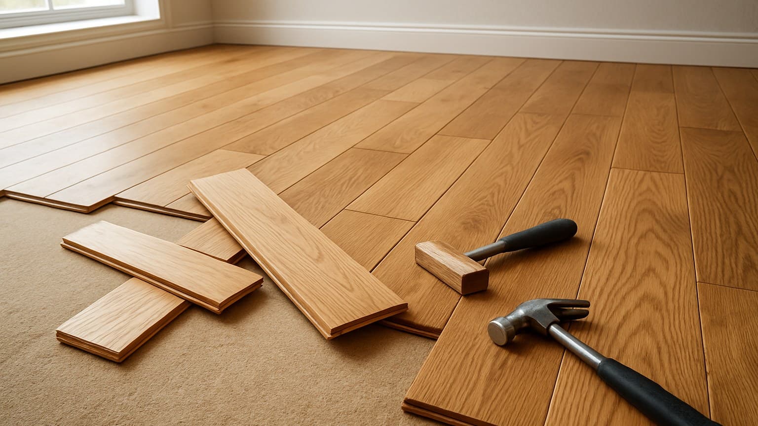 A room with installed wood plank flooring and loose planks with installation tools, depicting a wood flooring installation or repair scene