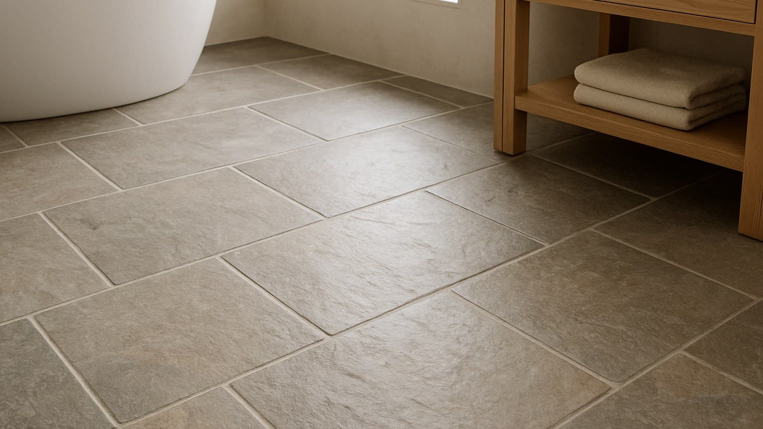 A bathroom floor tiled with large rectangular stone-colored tiles arranged in a grid pattern, with a white bathtub and wooden vanity visible.