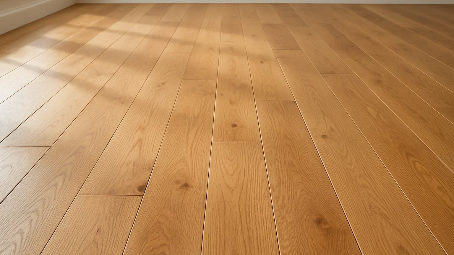 A wooden floor with rectangular planks arranged in a staggered pattern, displaying natural wood grain and a polished surface.