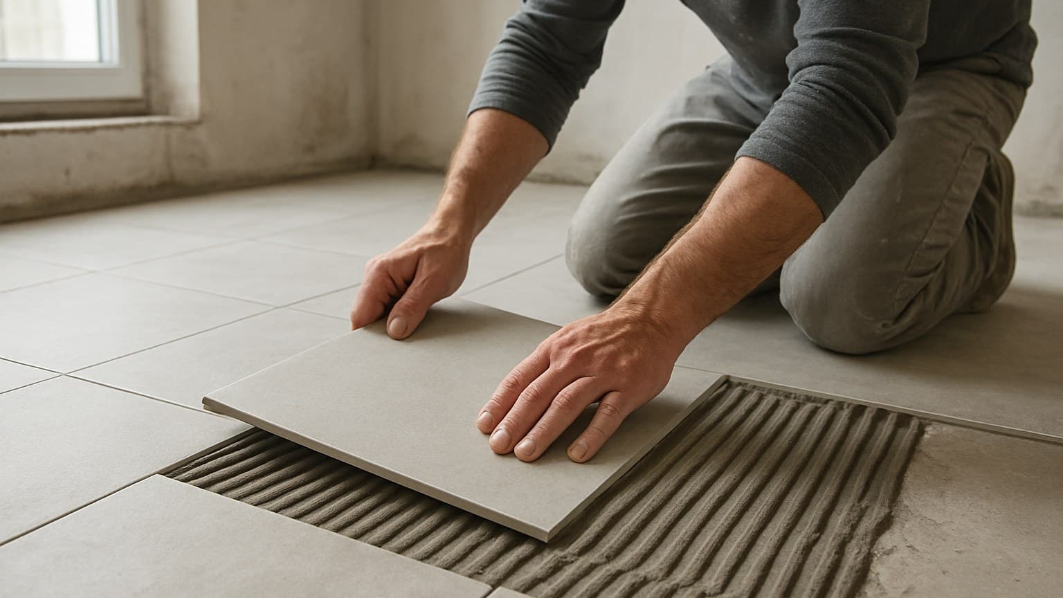 A worker kneeling and positioning square tiles onto adhesive-covered concrete flooring