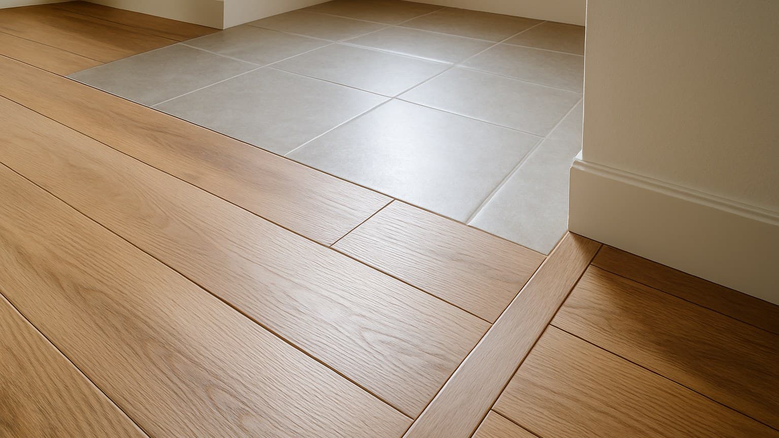 A room corner with wood-grain flooring on the left transitioning to light gray tile flooring on the right, with white baseboard trim.