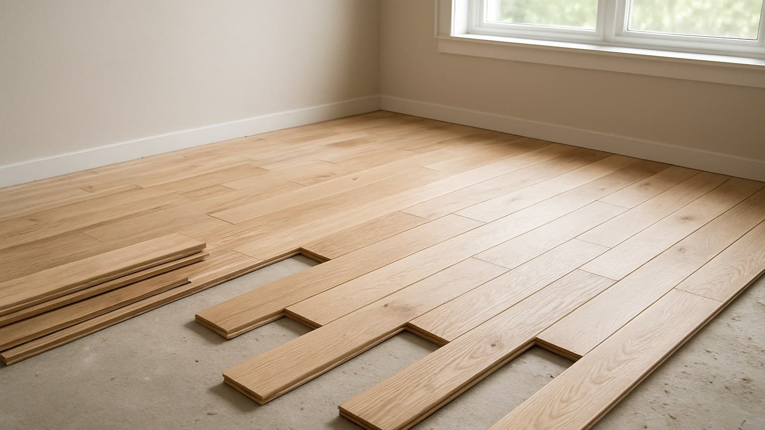 A room with light wood planks partially installed, some stacked and staged, with visible subfloor gaps indicating hardwood flooring installation in progress.
