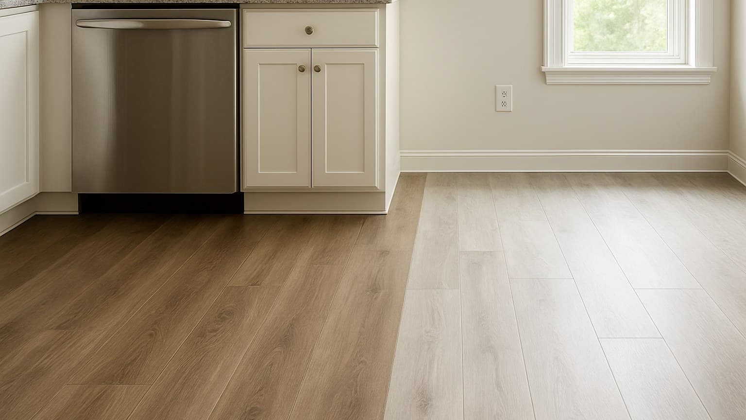 Kitchen room with two sections of wood-look plank flooring in darker and lighter tones.