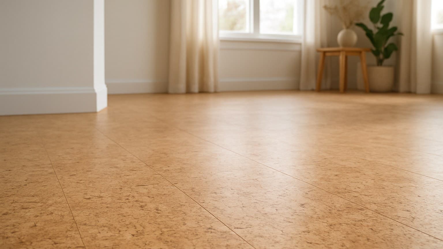 A room with tan flooring displaying visible particle speckling characteristic of cork material