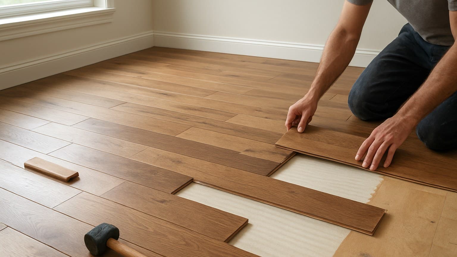 A person installing wood-tone flooring planks, with some already laid and others being positioned for installation.