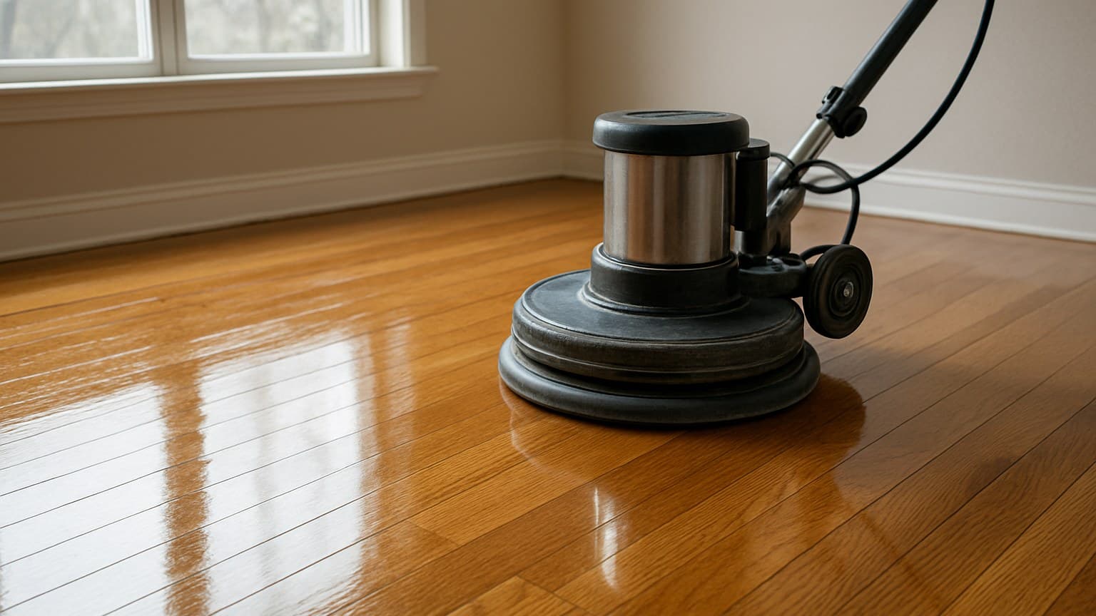 A floor polishing machine positioned on a golden-toned hardwood floor with reflected light across the surface.