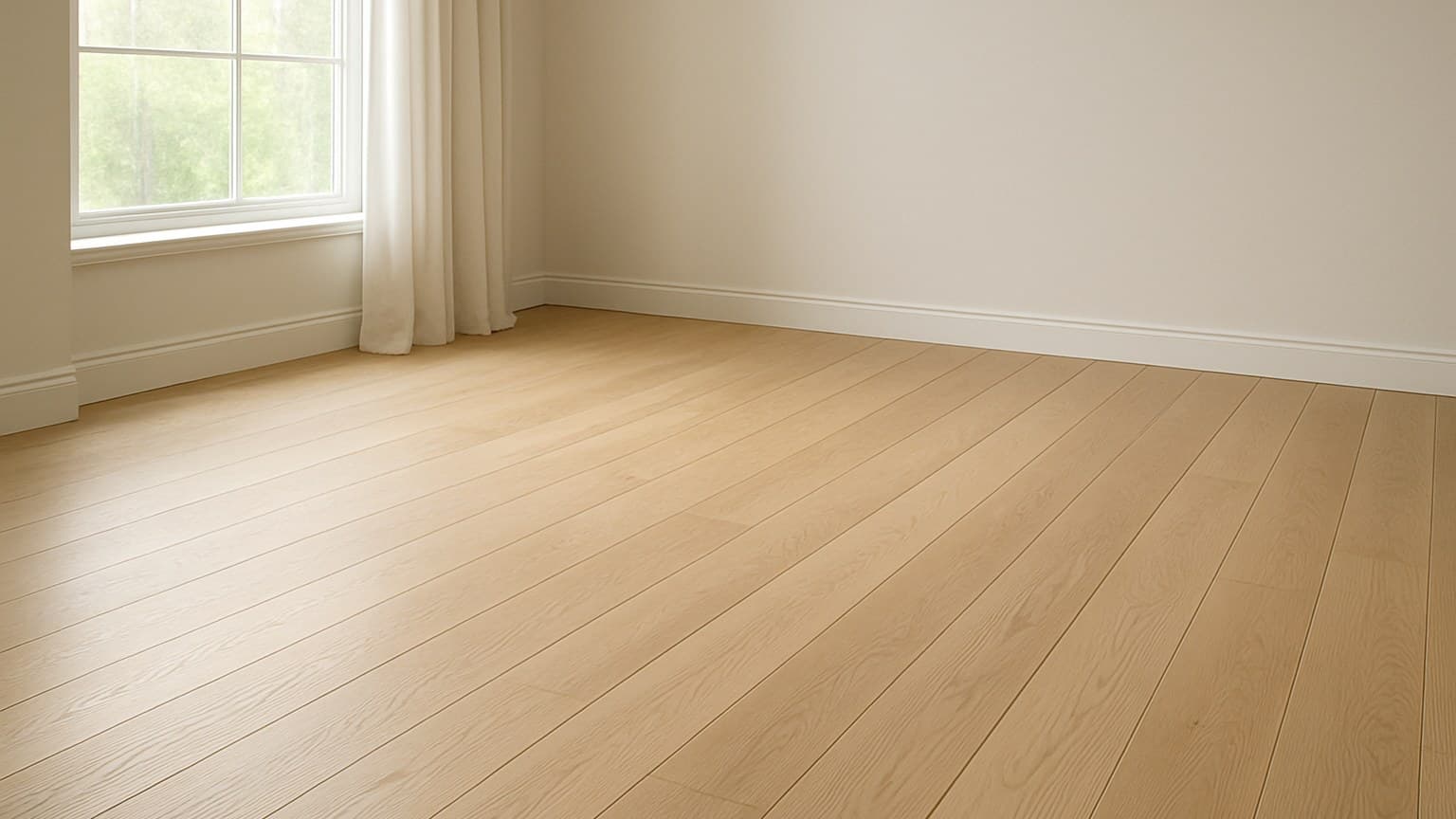 A bright room with light-toned hardwood planks, white walls, and a large window with curtains