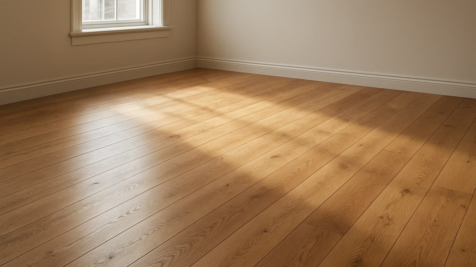 A room with wood plank flooring displaying natural grain patterns and golden-brown tones