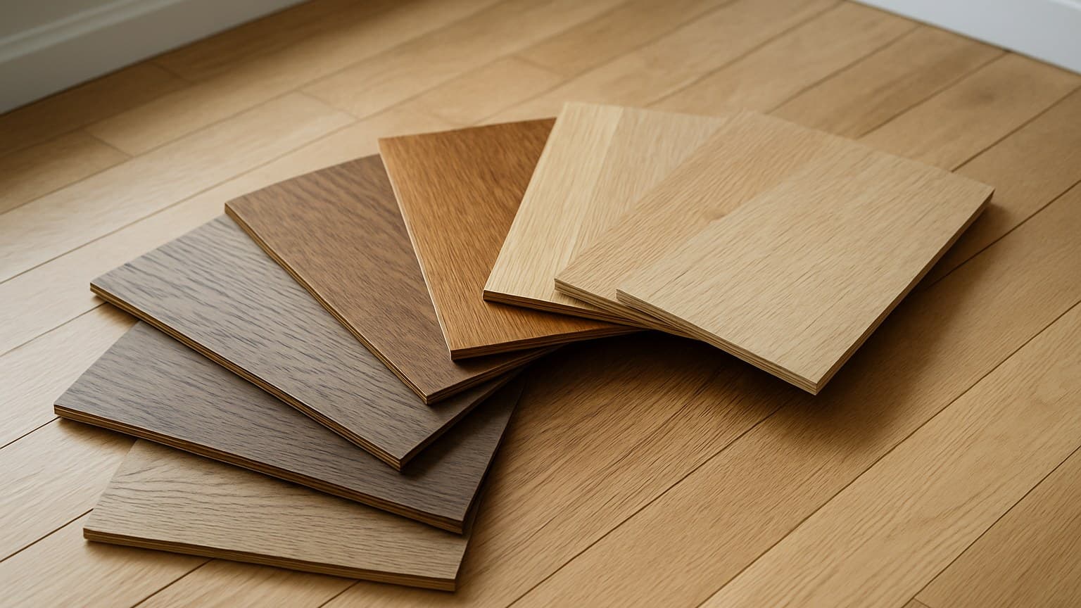 Several wooden planks in varying shades from dark to light arranged as samples on a light wood floor.