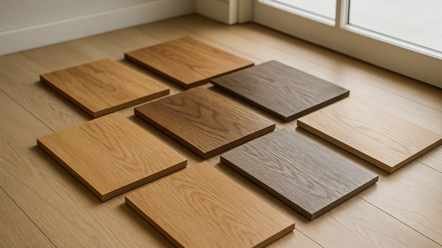 Several rectangular wood-tone flooring samples displayed on a floor in an interior room with windows and baseboards
