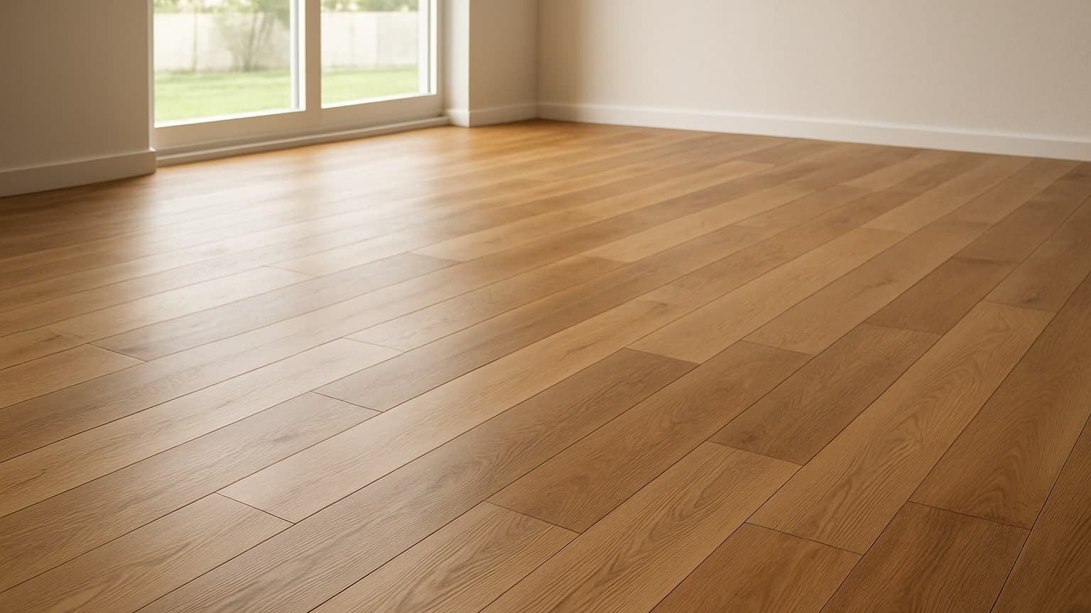 An empty room with medium-brown wood-grain plank flooring, large windows, and light walls.