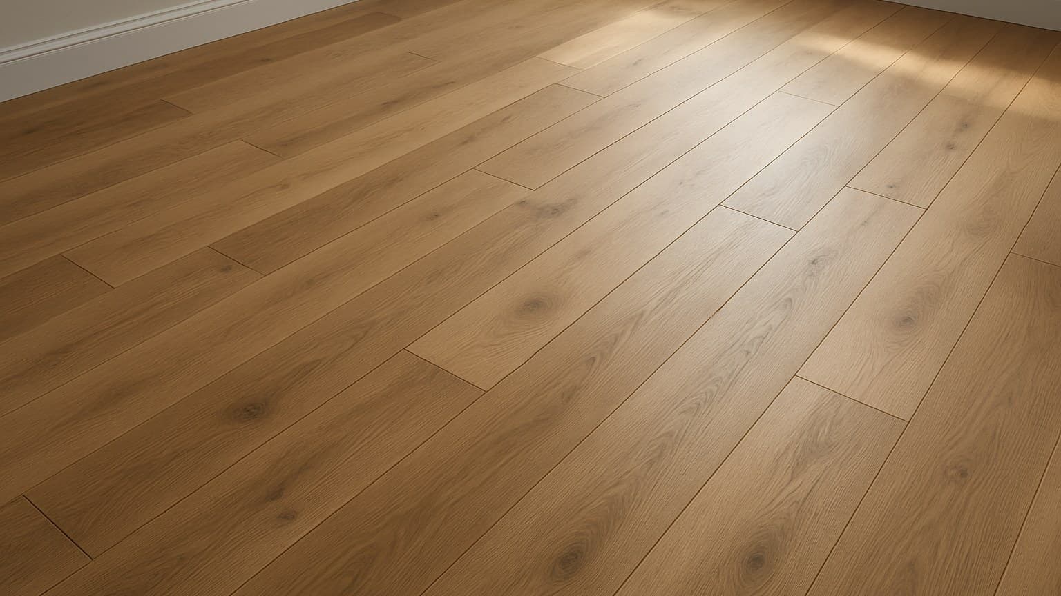 An empty room with installed wood plank flooring in a staggered pattern.