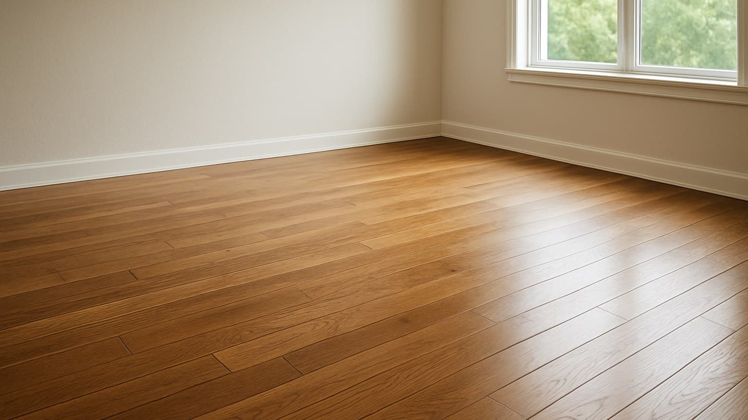 Empty room with wooden plank flooring, beige walls, and natural light from windows