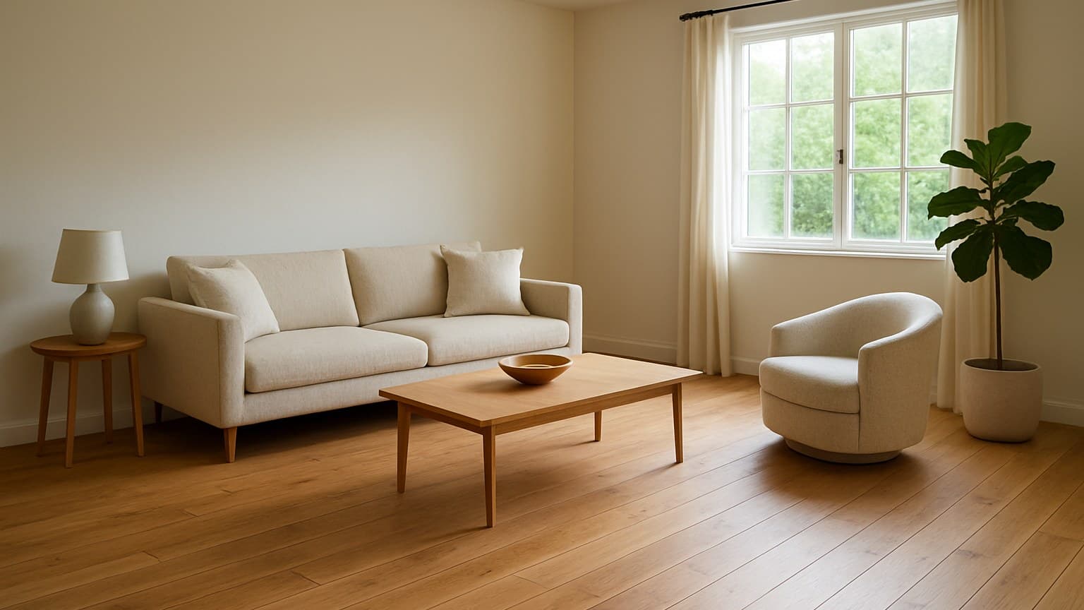 A living room interior featuring wood-tone flooring, cream-colored sofa, wooden coffee table, white armchair, potted plant, and large windows.