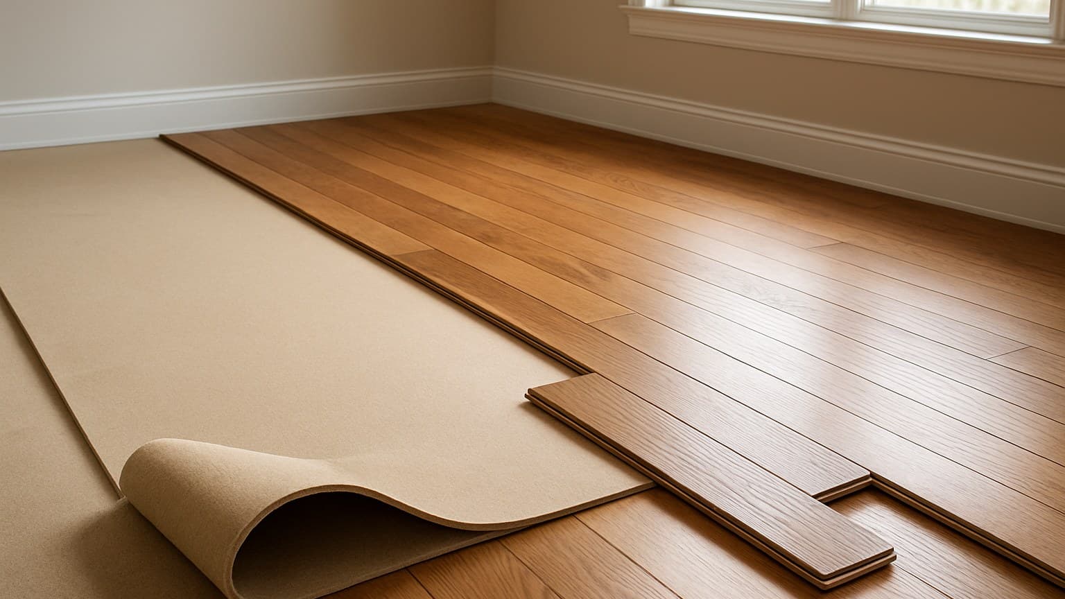 A room with hardwood flooring and a rolled beige underlayment material during floor installation.
