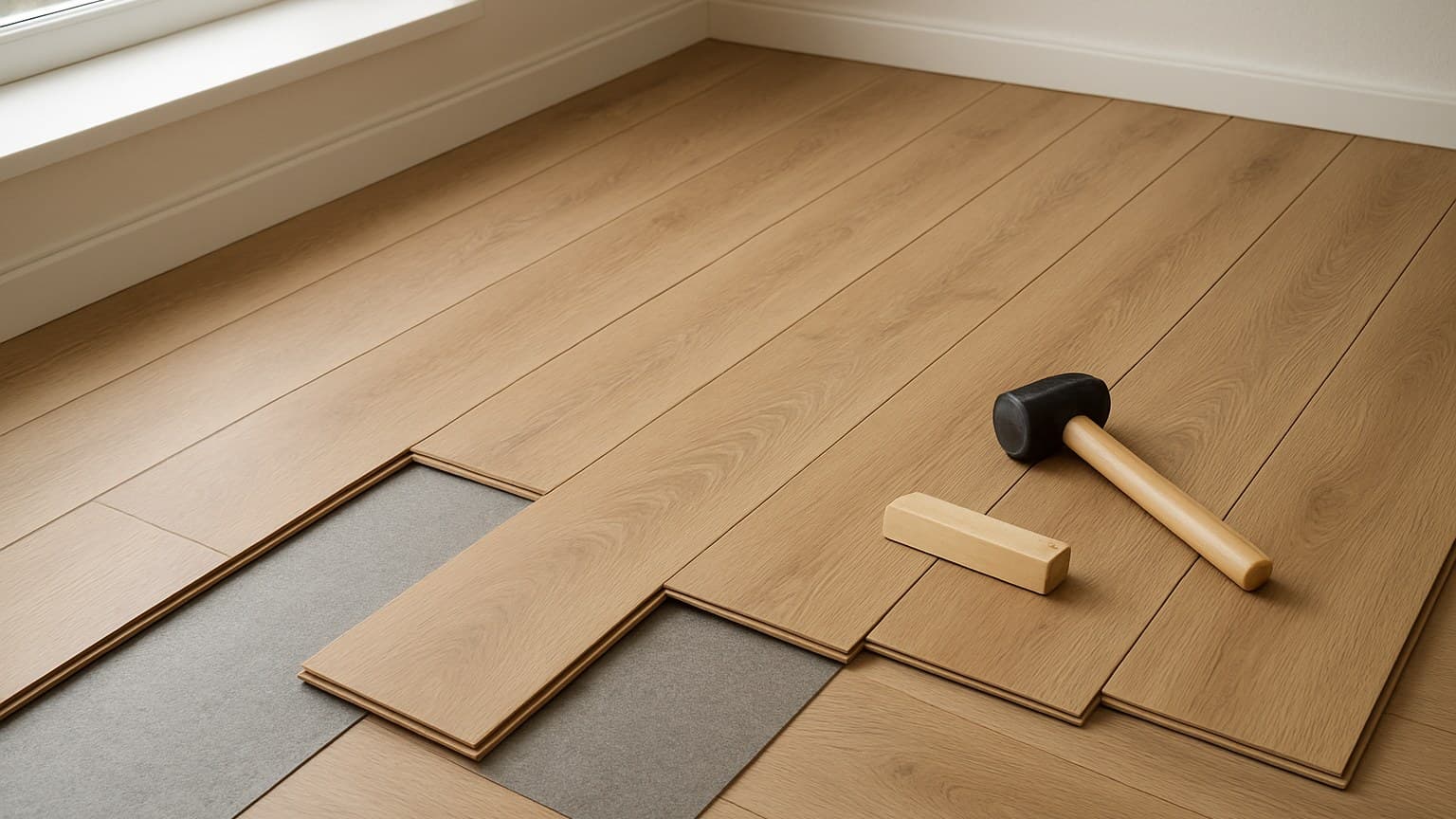 Laminate flooring planks partially installed on a subfloor, with installation tools and wood spacers visible.