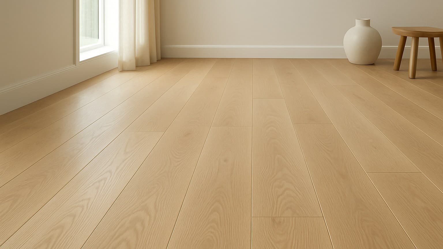 A minimalist interior with light-colored wood plank flooring laid in a straight pattern, showing visible grain texture.