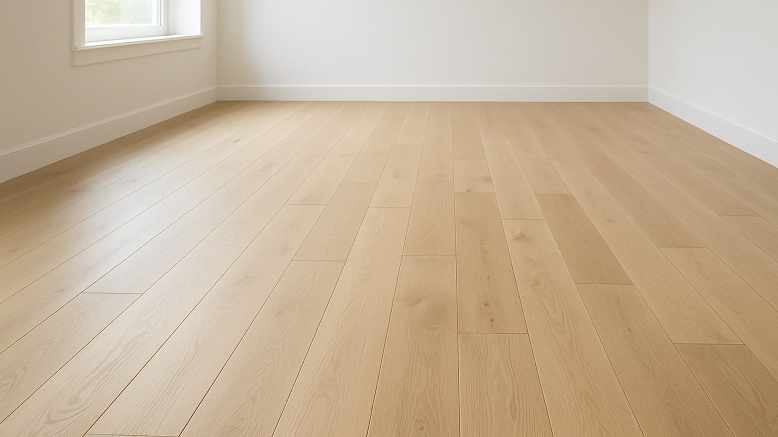 An empty room with light-colored hardwood plank flooring and white walls.