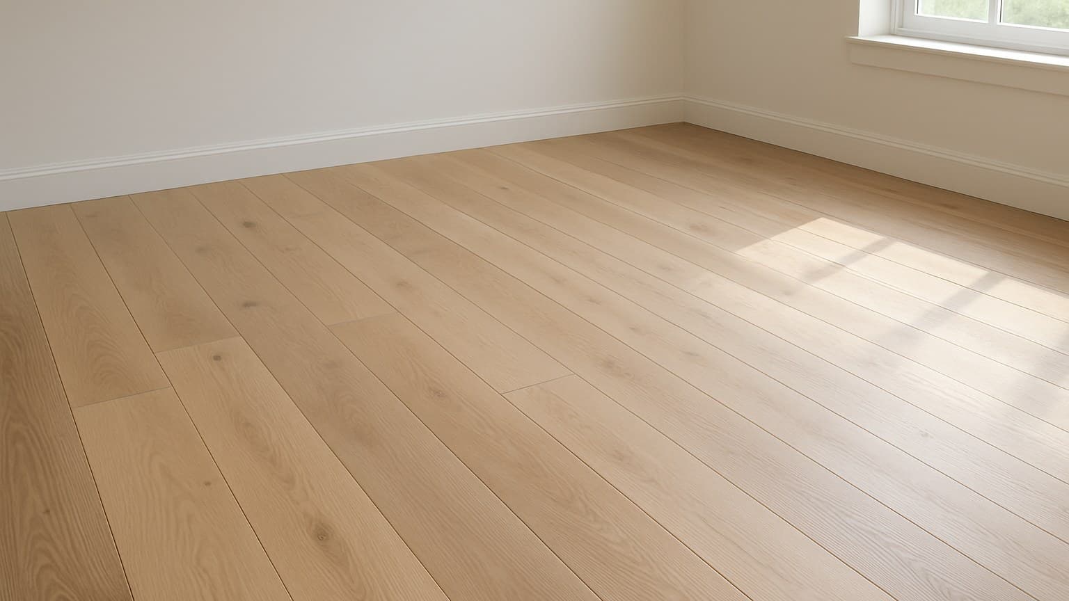 An empty room with light-colored wooden flooring laid in wide planks, sunlit from a window.