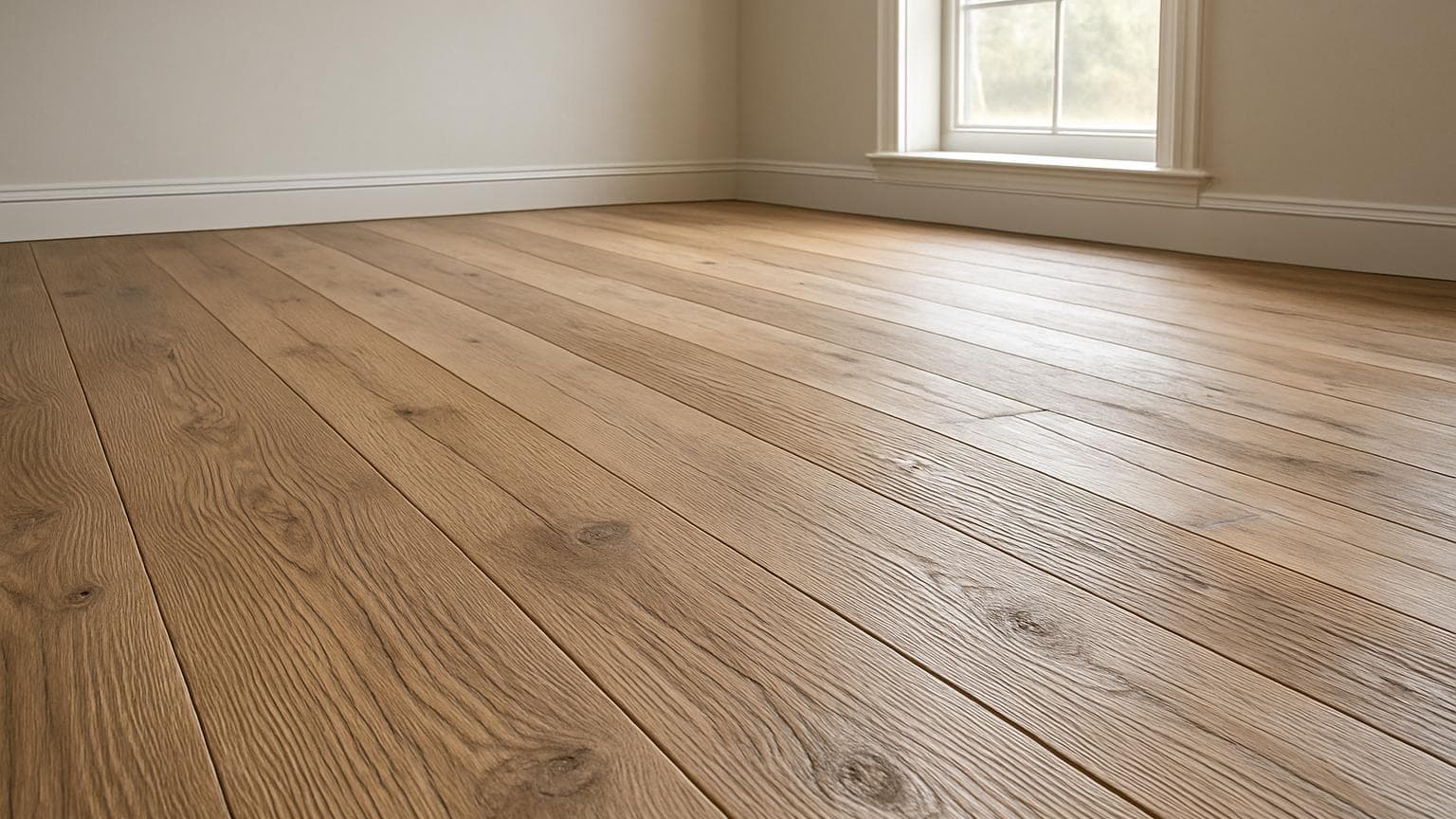 Empty room with light-toned wood plank flooring displaying pronounced grain patterns and textured surface finish