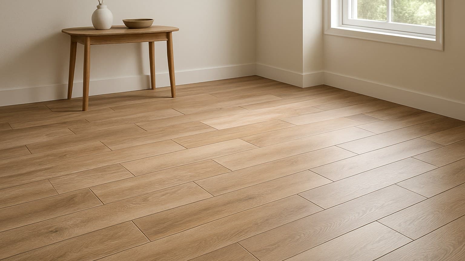 Rectangular tiles with wood-like color and texture arranged in a grid pattern, visible grout lines between tiles, installed in a bright room.