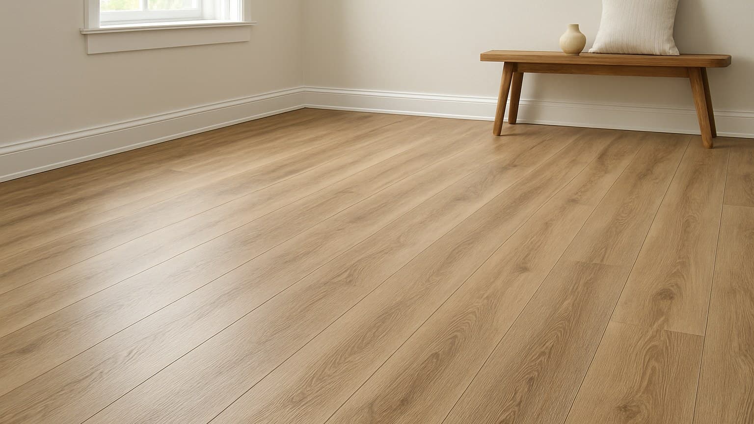 Light wood-toned plank flooring with grain detail and joints, installed in a bright room.