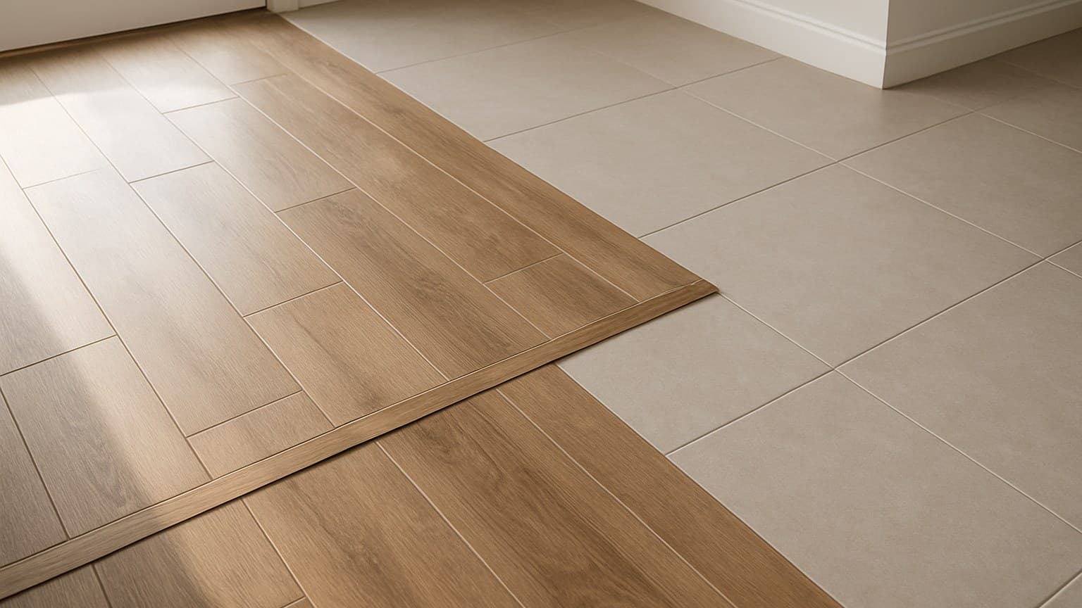 Floor showing a distinct seam between wood-look tiles on one side and light ceramic tiles on the other.