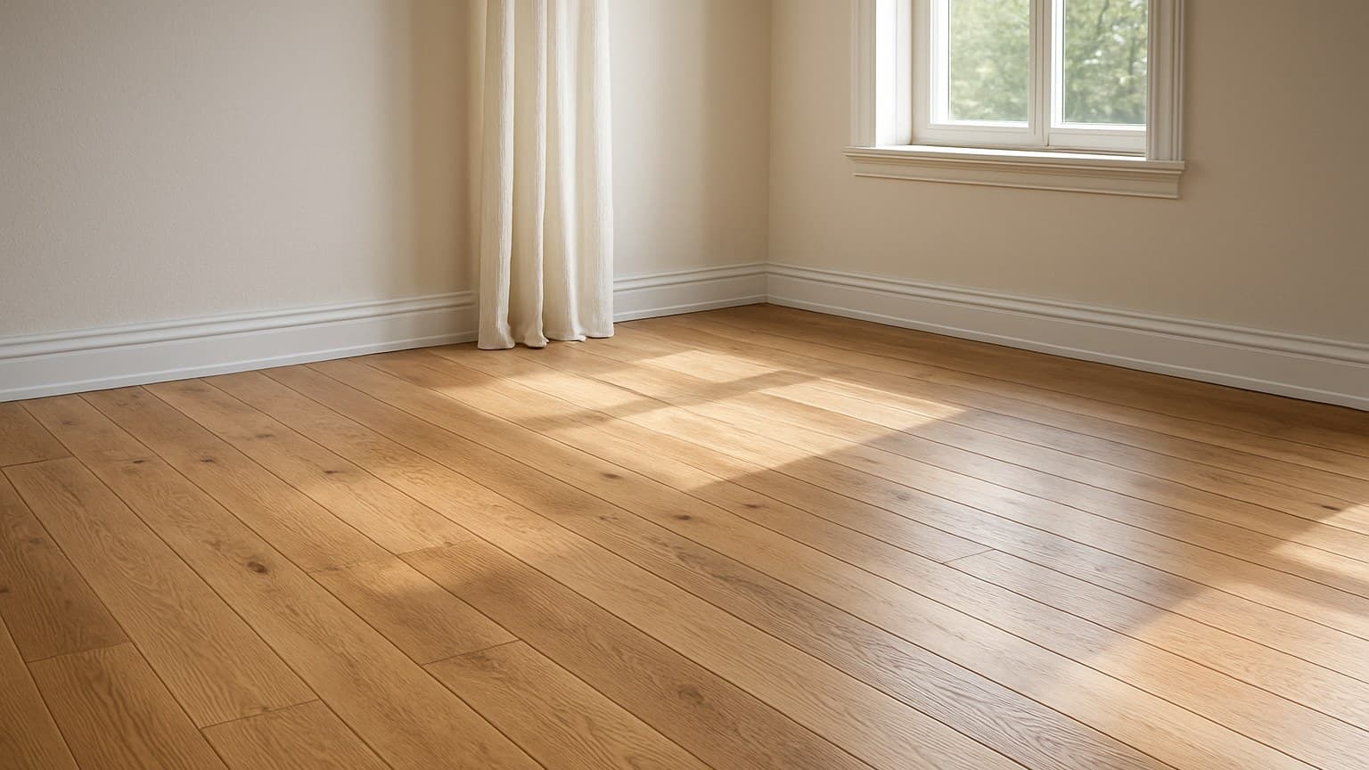 An empty room with light wood plank flooring, white walls, and windows with curtains.