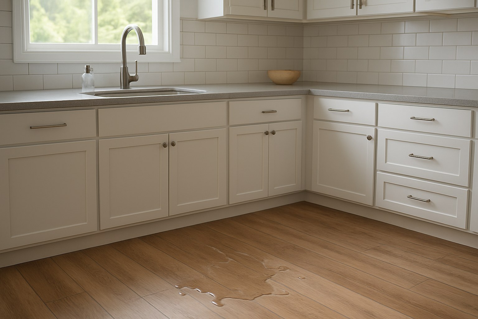 Kitchen with laminate flooring near a spill-prone sink area