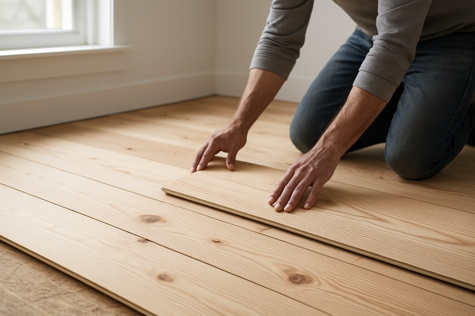 Worker installing wide plank pine flooring over subfloor