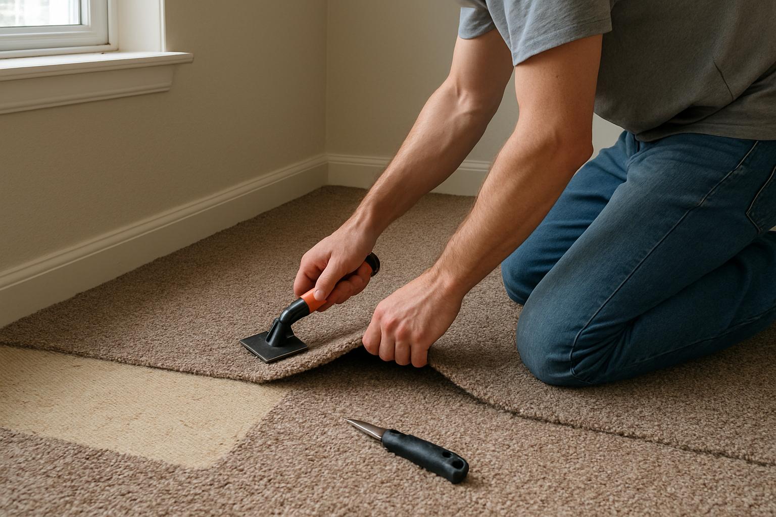 Person kneeling to install carpet themselves using hand tools