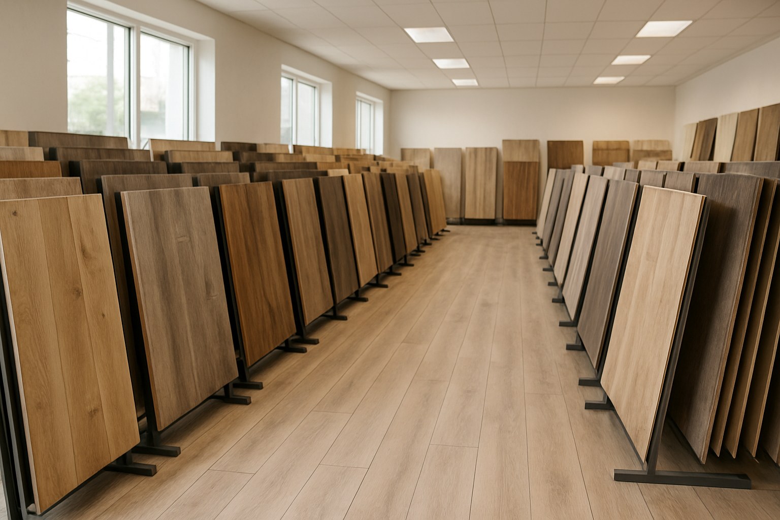 Flooring showroom displaying rows of laminate sample boards for comparison
