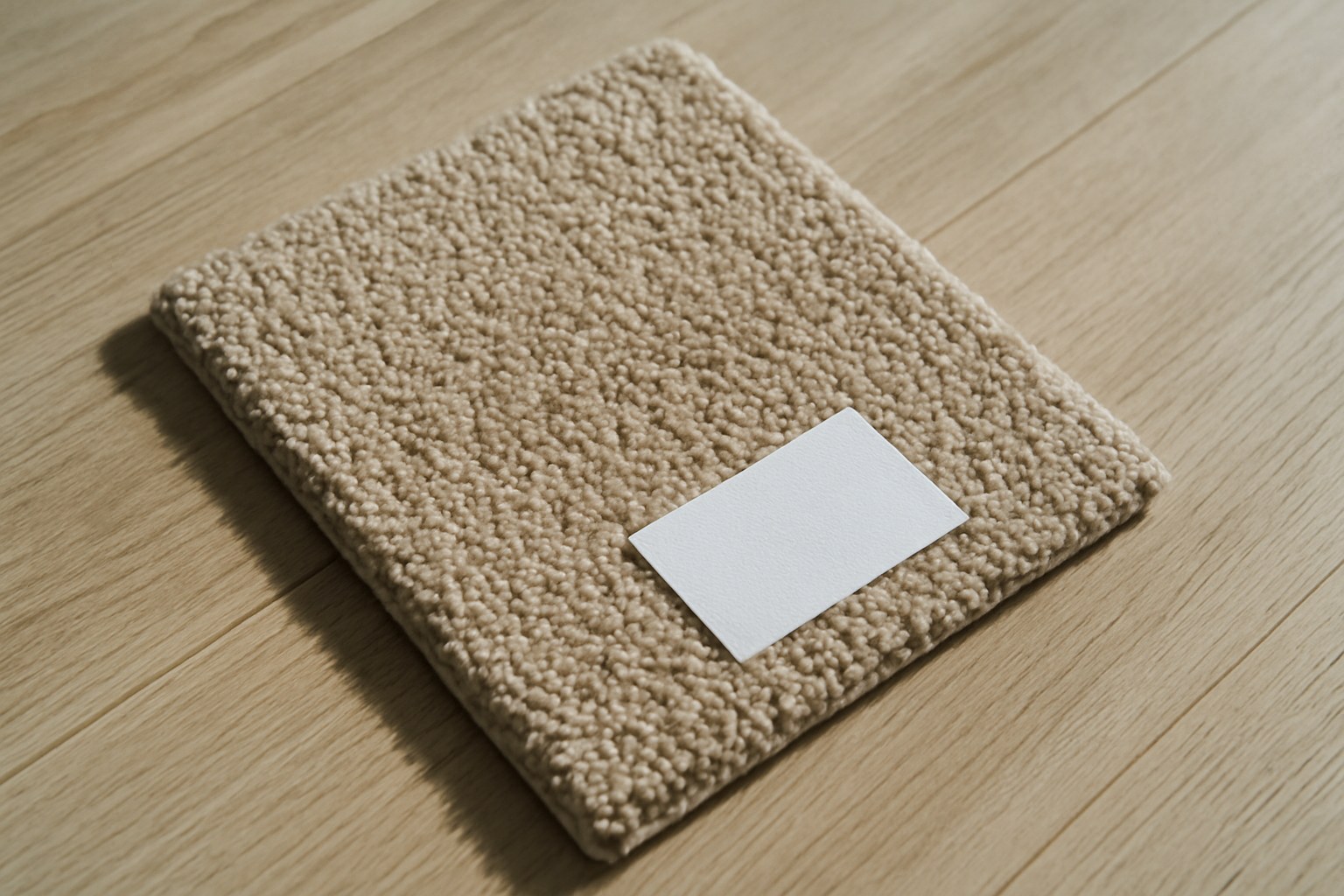 Carpet sample swatch with a manufacturer label attached