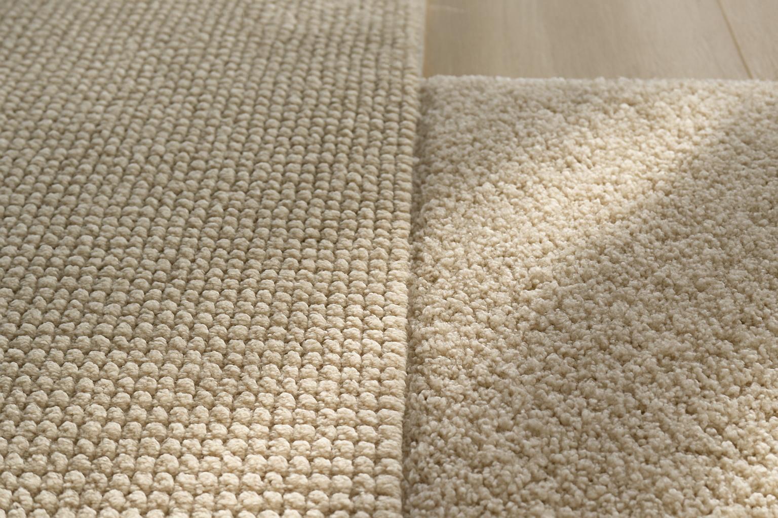 Textured carpet pile showing loop and cut styles suited to different rooms.
