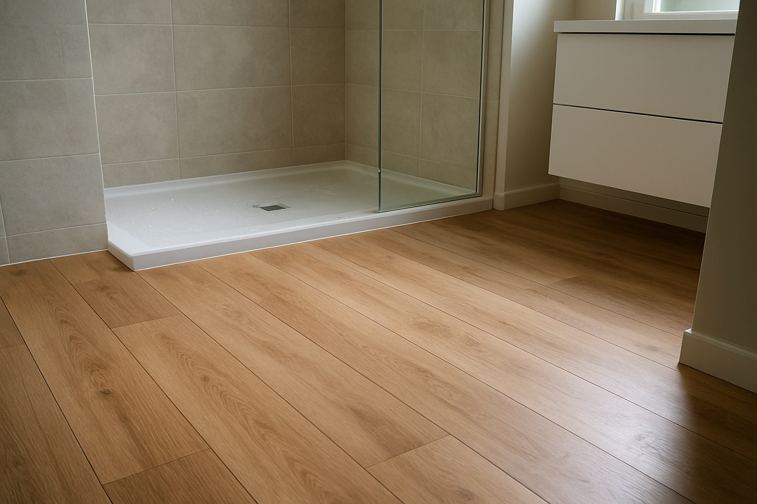 Bathroom floor covered in water-resistant laminate flooring near a wet area