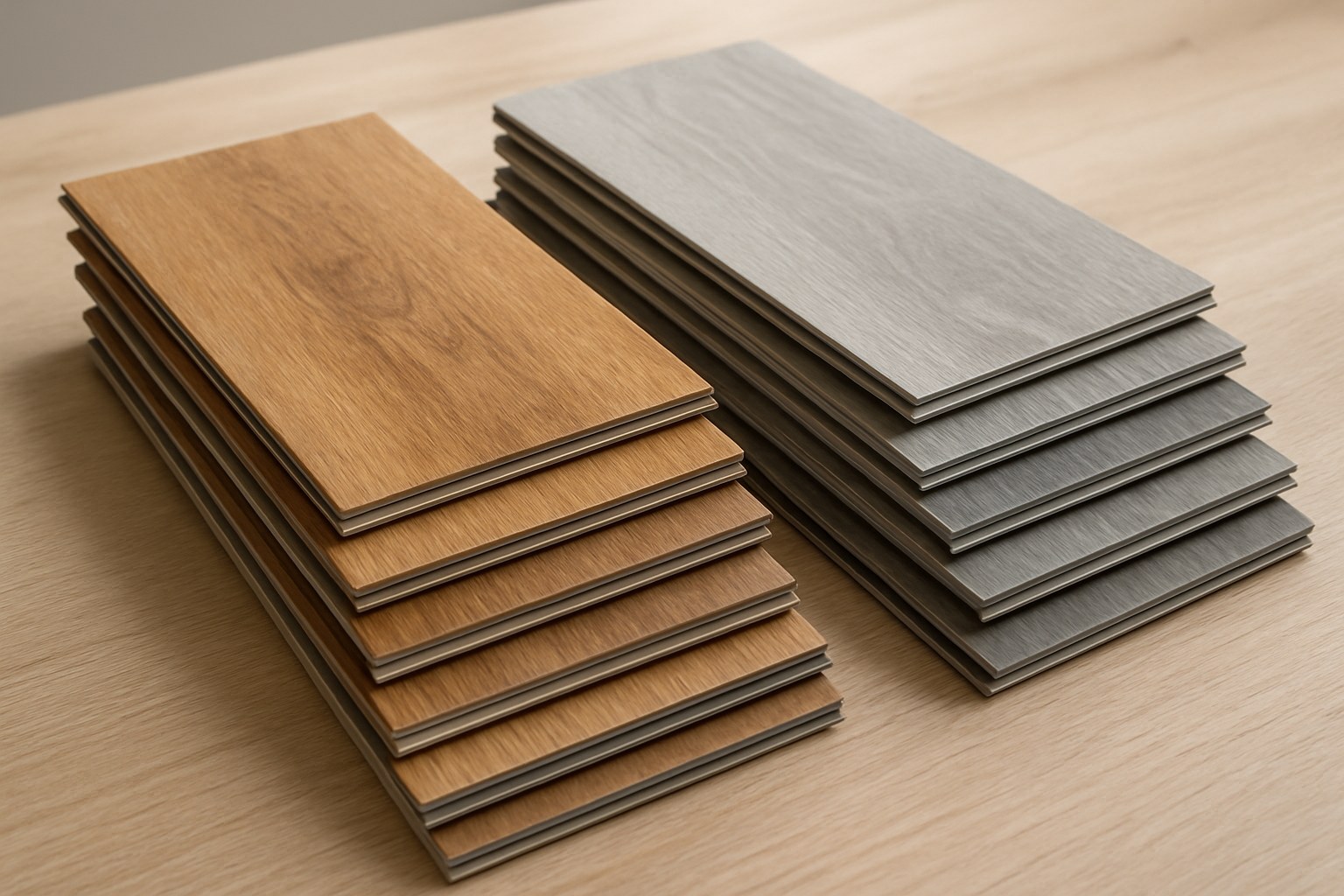 Stacked vinyl plank flooring samples compared side by side on a table